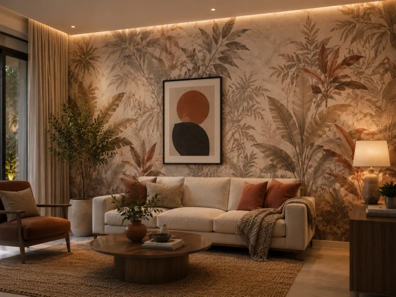 Textured stone-look feature wall behind a living room sofa